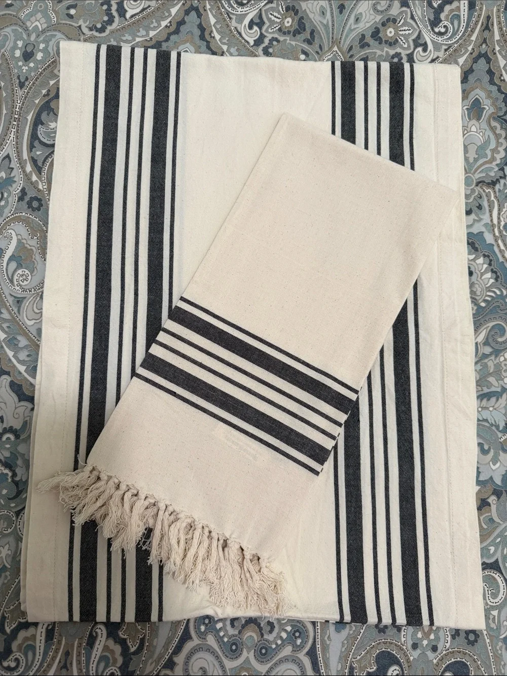 Cost Plus World Market Cream and Black Striped table runner and Kitchen Towel